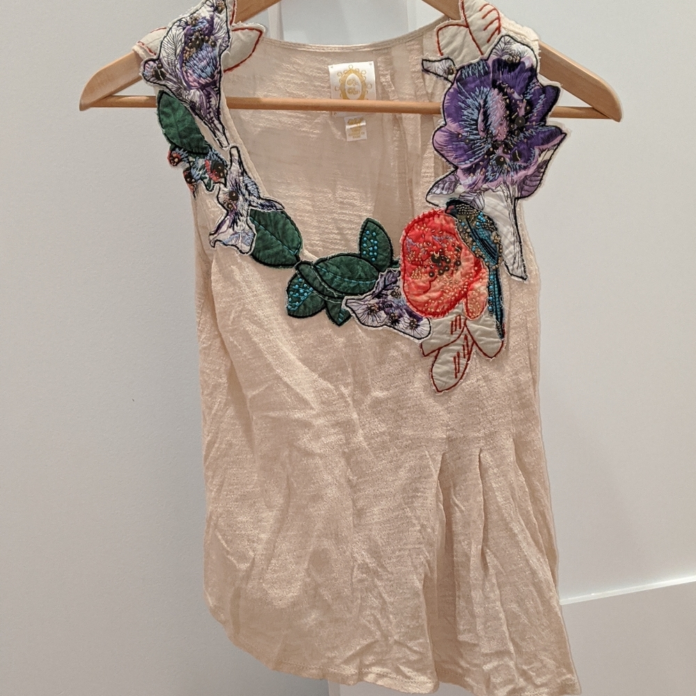 Anthropologie flower embroidered sleeveless top